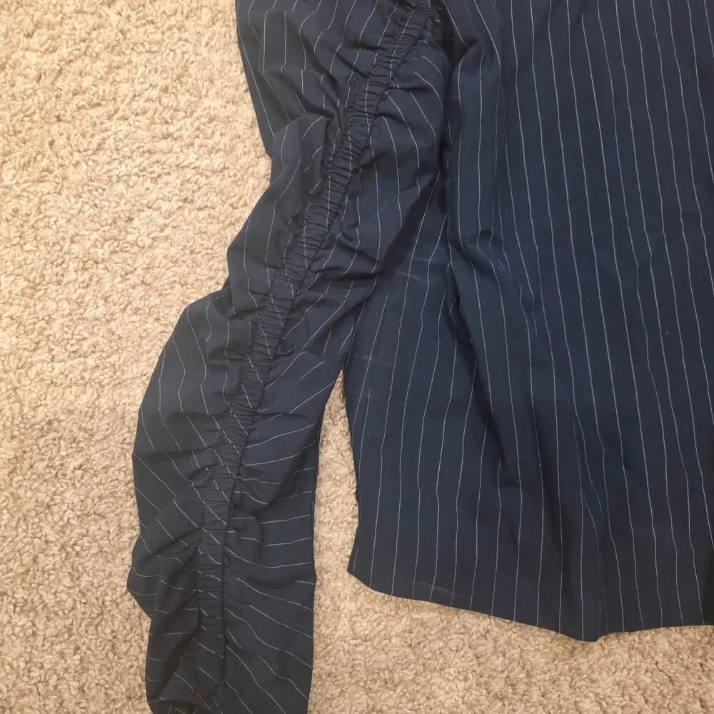 Zara Woman blue pinstripe ruched puff sleeve blouse sz XS
